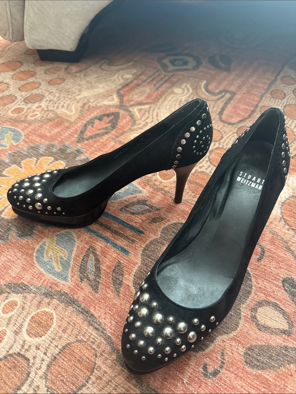 Stuart Weitzman Black Suede Studded Platform Heels – Size 8M